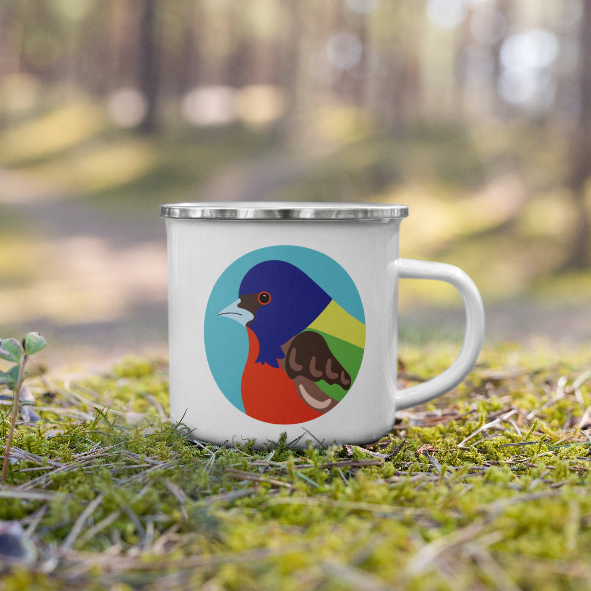 Idée Cadeau Pour Elle, Lui, Mug Émaillé Coloré avec Oiseau Camping, Tasse Randonnée ou Voyage 350Ml,