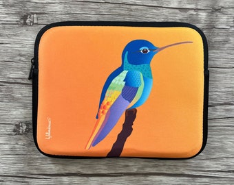 Housse pour tablette ou iPad avec un oiseau amusant Le Magnifique, couleurs vives, intérieur molletonné, dessin fait main