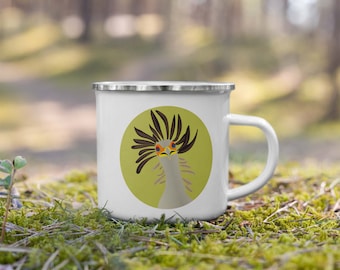 Mug émaillé coloré avec un oiseau amusant (messager sagittaire), pour le camping, la randonnée ou les voyages