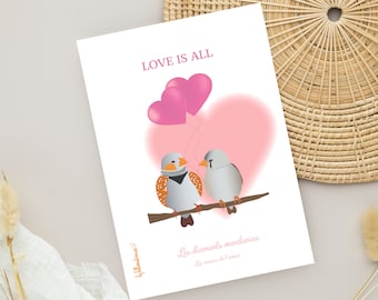 Carte double Love is all avec un beau couple d'oiseaux amoureux, intérieur vierge, enveloppe de qualité incluse, pour la Saint Valentin