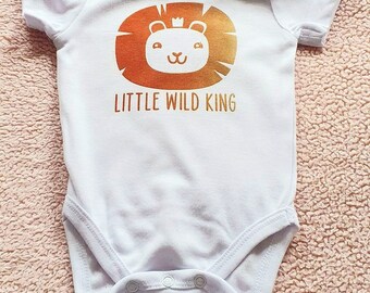 Baby vest bodysuit with little wild king lion in infusable ink design.