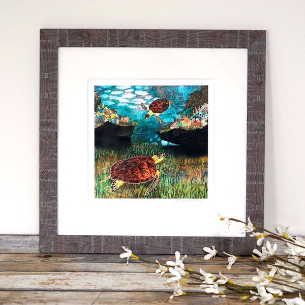 Sea Turtles FRAMED ART PRINT, Signed Giclée Fine Art Print, Green Turtles Coral Reef Wall Art, Marine Sea LIfe Animal Picture