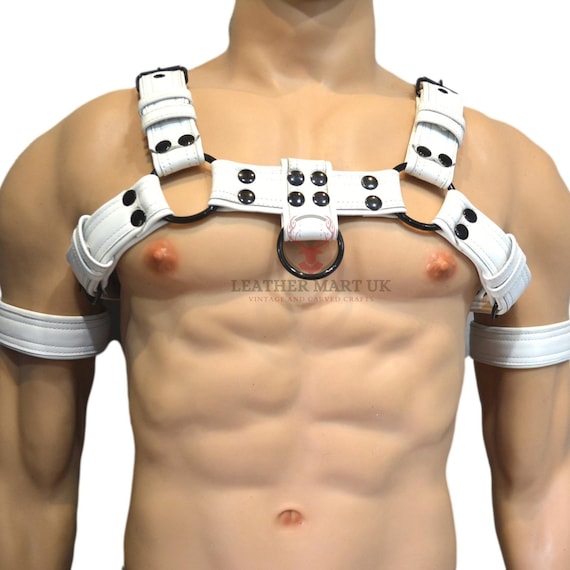 genuine leather HARNESS GAY Leather White Black adjustable straps 