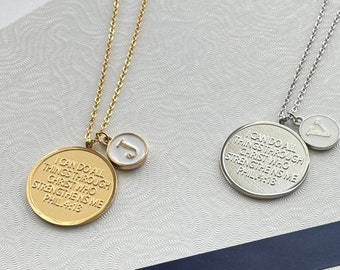Custom Christian Coin Necklace Engraved with Philippians 4:13 and Initial Letter, Holiday and Celebration Gift - Silver or Gold