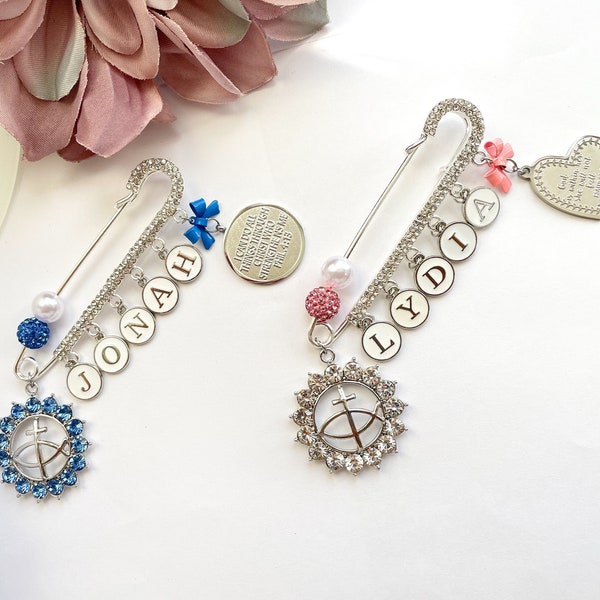 Custom Silver & Rhinestone Pin with 5-Letter Name in Silver Letters, Accents, and Bible Charms, Baby and Celebration Gift - Blue or Pink