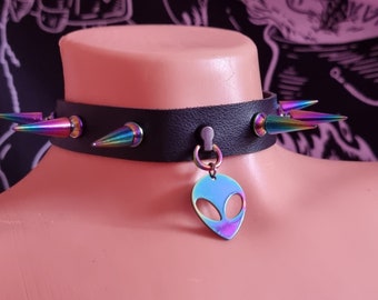 Holografische spikes alien ufo paars zwart choker kraag harajuku punk