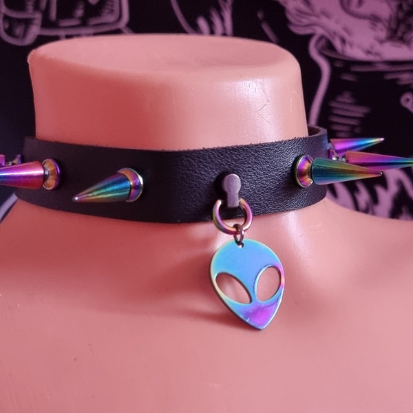 Holographic spikes alien ufo purple black choker collar harajuku punk