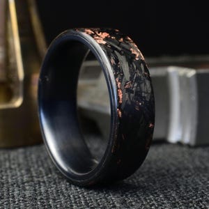 Copper Chopped Carbon Fiber Ring: Brushed Black Titanium Liner, Forged Style. NO USA TARIFFS!