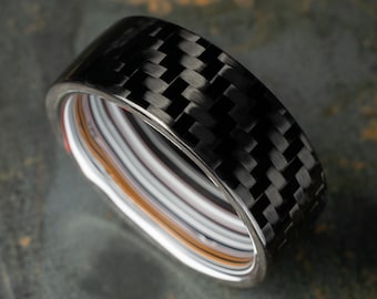 1k Twill Carbon Fiber Ring Lined With Straight Cut Fordite. Gloss Finish Carbon Fiber. Men&#39;s Wedding Band. Waterproof Gift For Men. Original