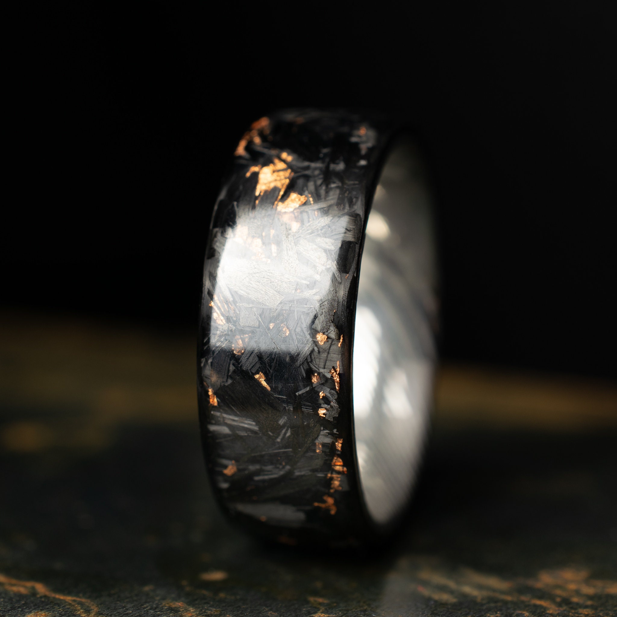 Polished Copper Chopped Carbon Fiber Lined With Damascus Steel. Forged Carbon Fiber. Men's Black Wedding Ring. Exclusive Men's Wedding Band.