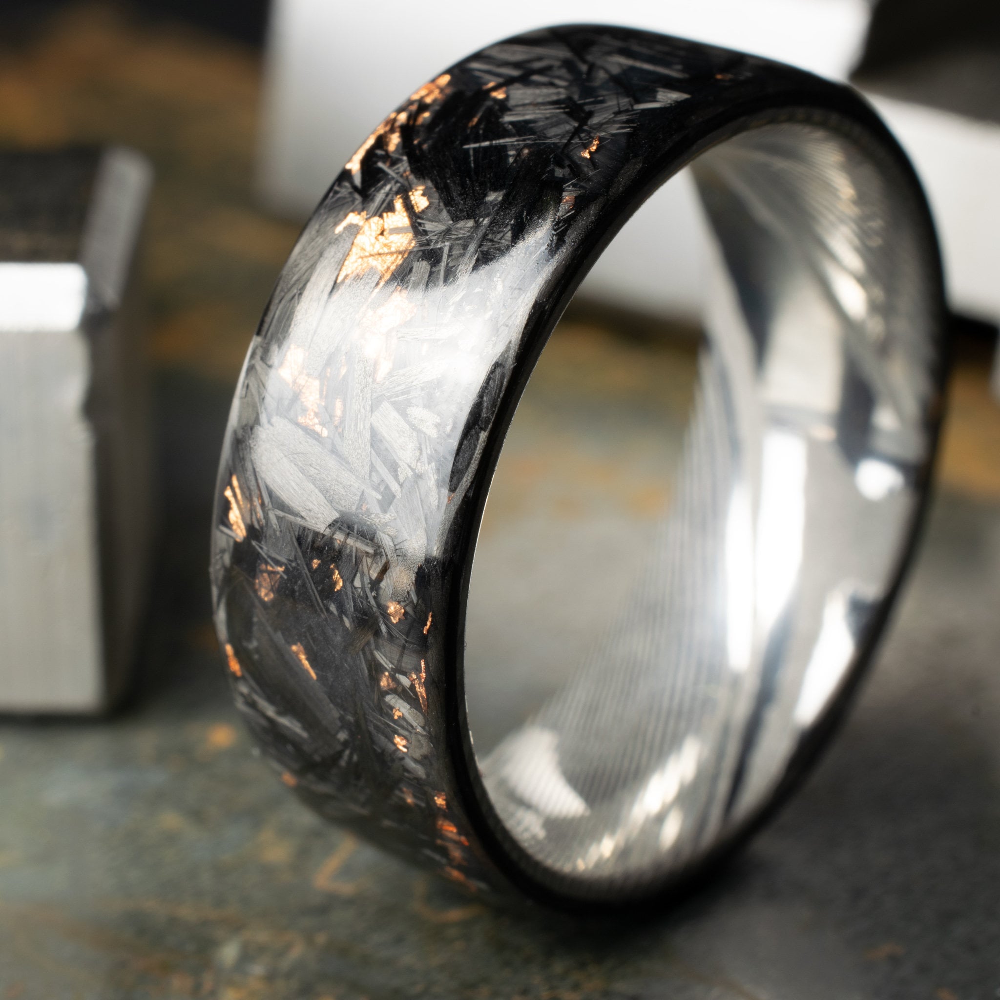 Polished Copper Chopped Carbon Fiber Lined With Damascus Steel. Forged Carbon Fiber. Men's Black Wedding Ring. Exclusive Men's Wedding Band.