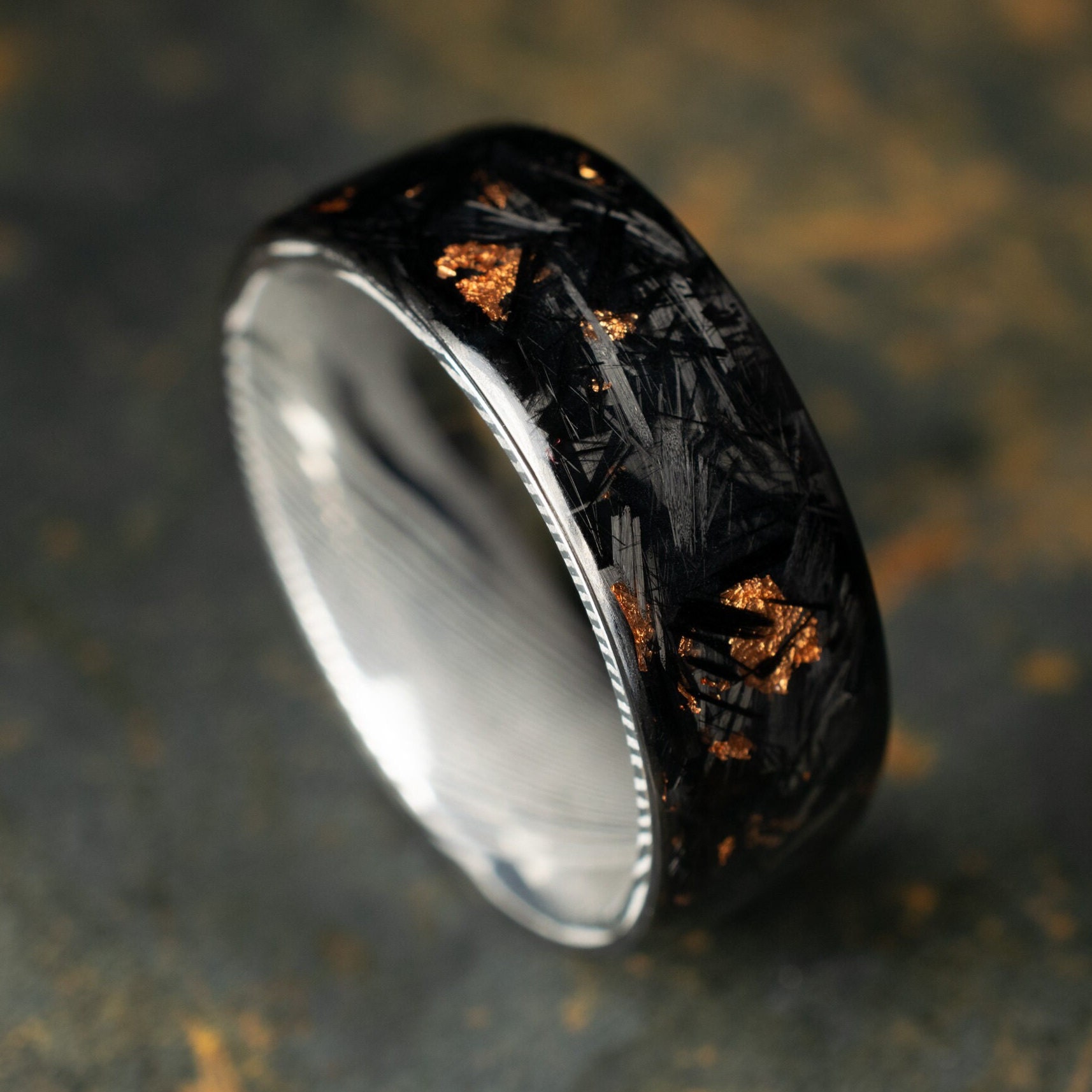 Polished Copper Chopped Carbon Fiber Lined With Damascus Steel. Forged Carbon Fiber. Men's Black Wedding Ring. Exclusive Men's Wedding Band.