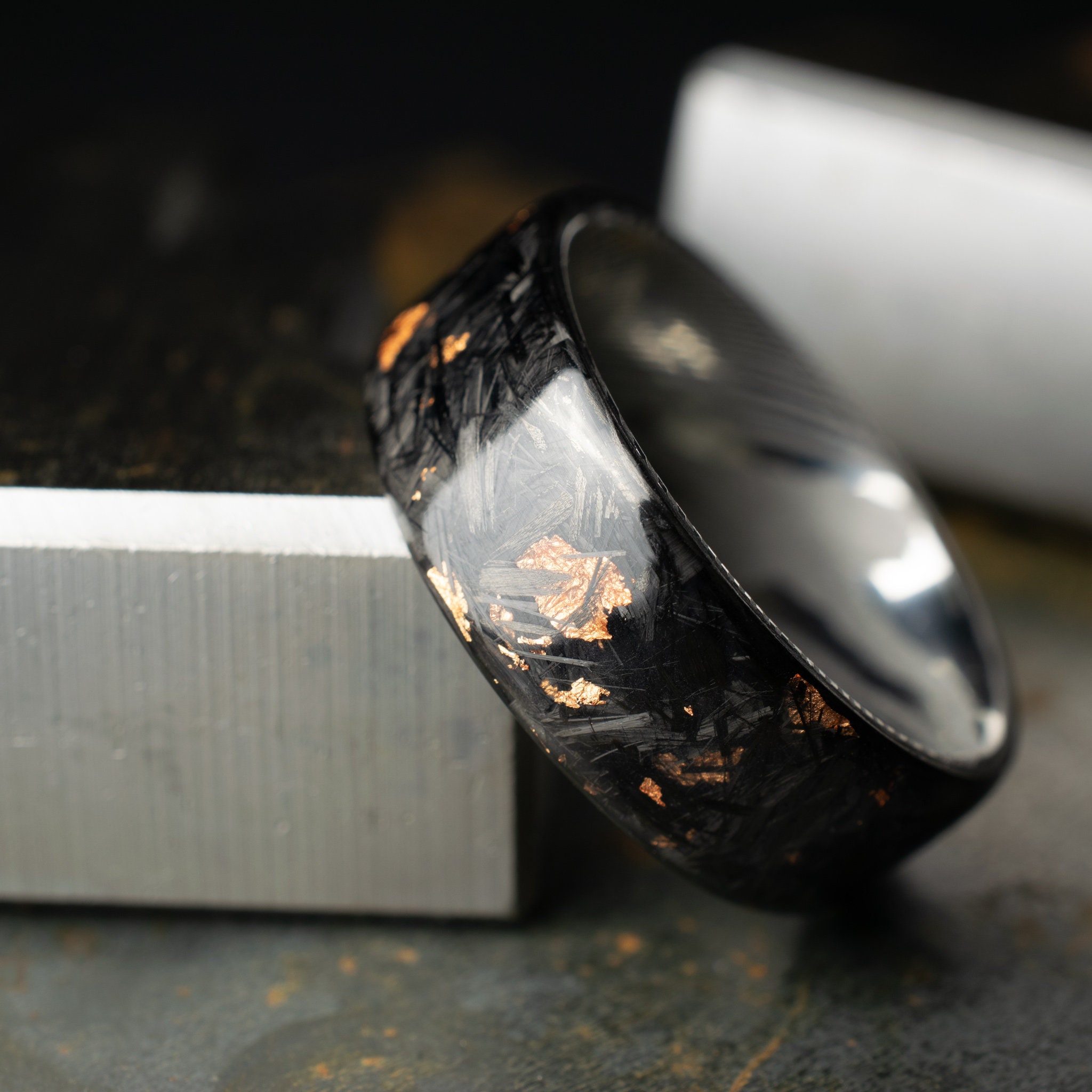 Polished Copper Chopped Carbon Fiber Lined With Damascus Steel. Forged Carbon Fiber. Men's Black Wedding Ring. Exclusive Men's Wedding Band.
