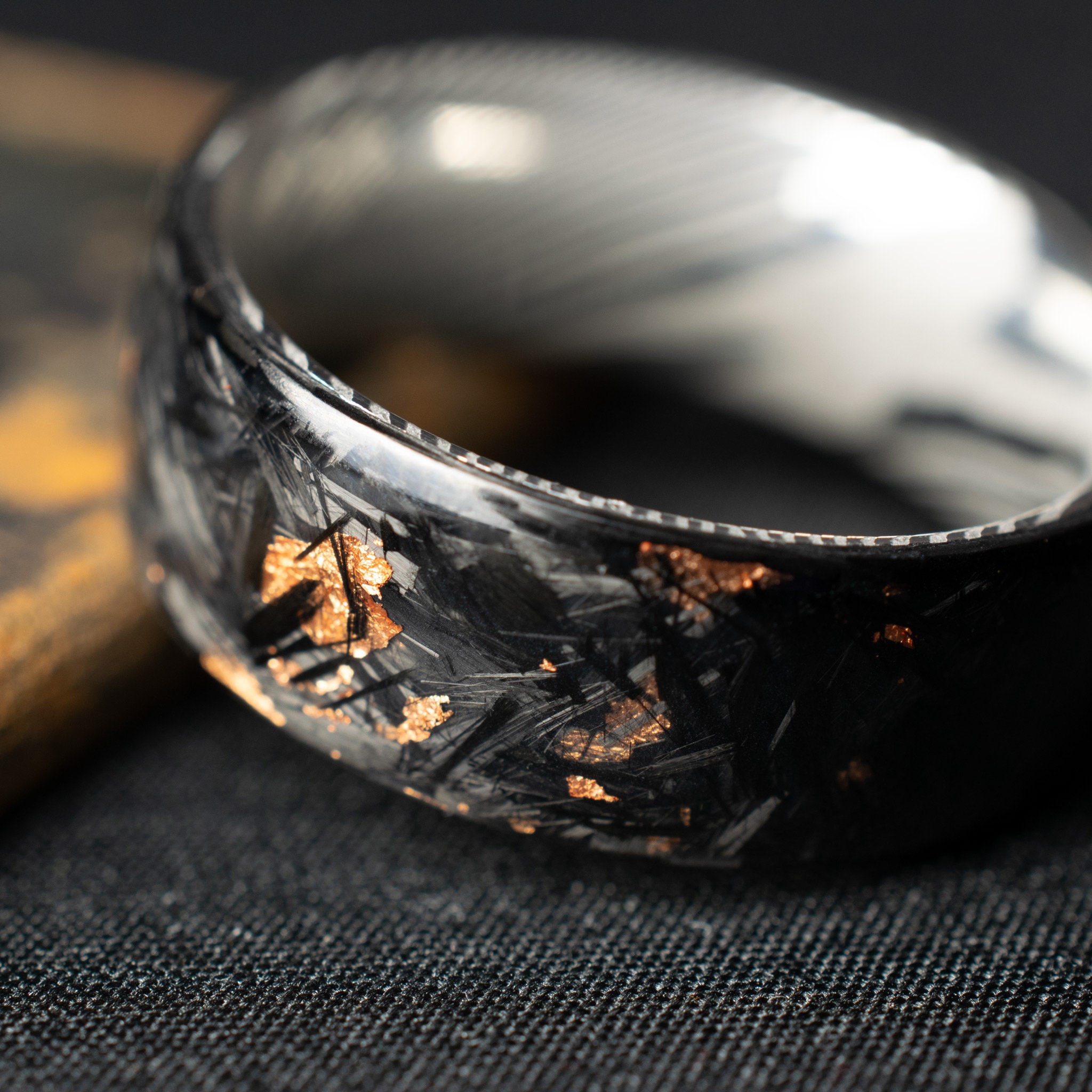 Polished Copper Chopped Carbon Fiber Lined With Damascus Steel. Forged Carbon Fiber. Men's Black Wedding Ring. Exclusive Men's Wedding Band.