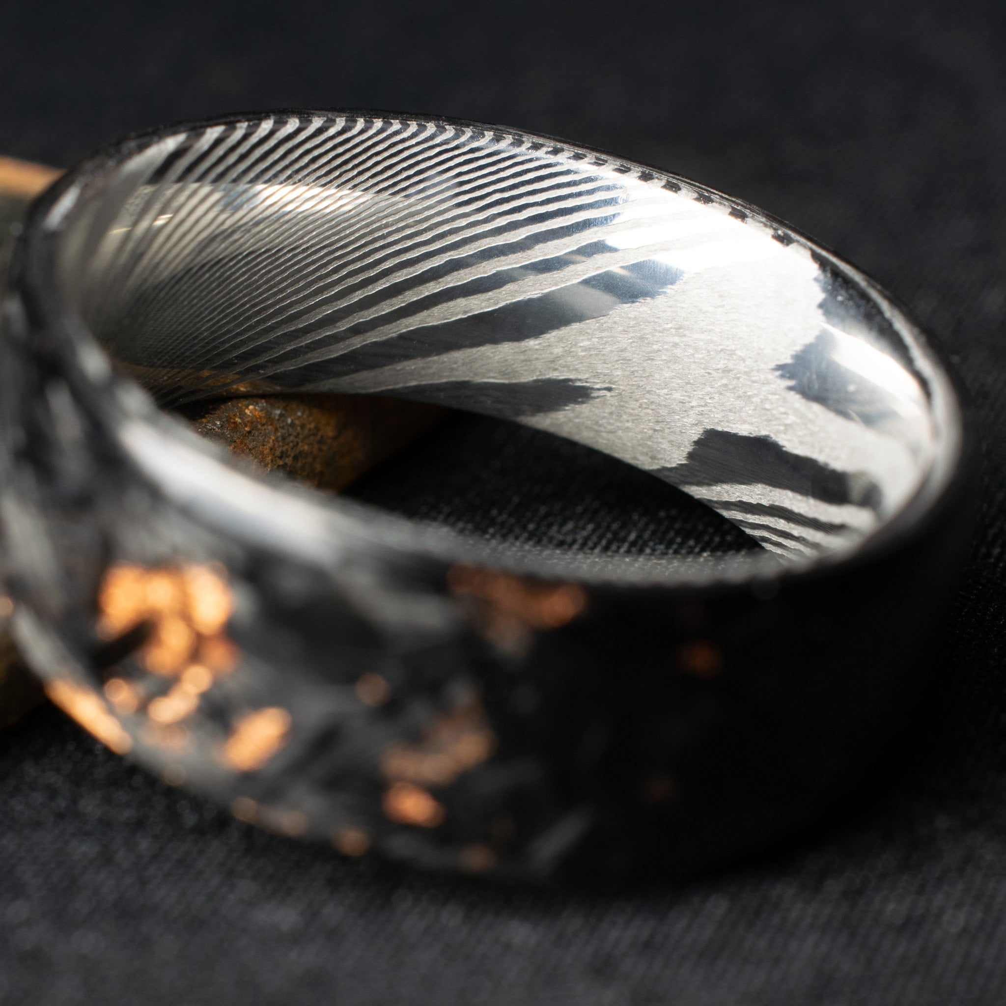 Polished Copper Chopped Carbon Fiber Lined With Damascus Steel. Forged Carbon Fiber. Men's Black Wedding Ring. Exclusive Men's Wedding Band.
