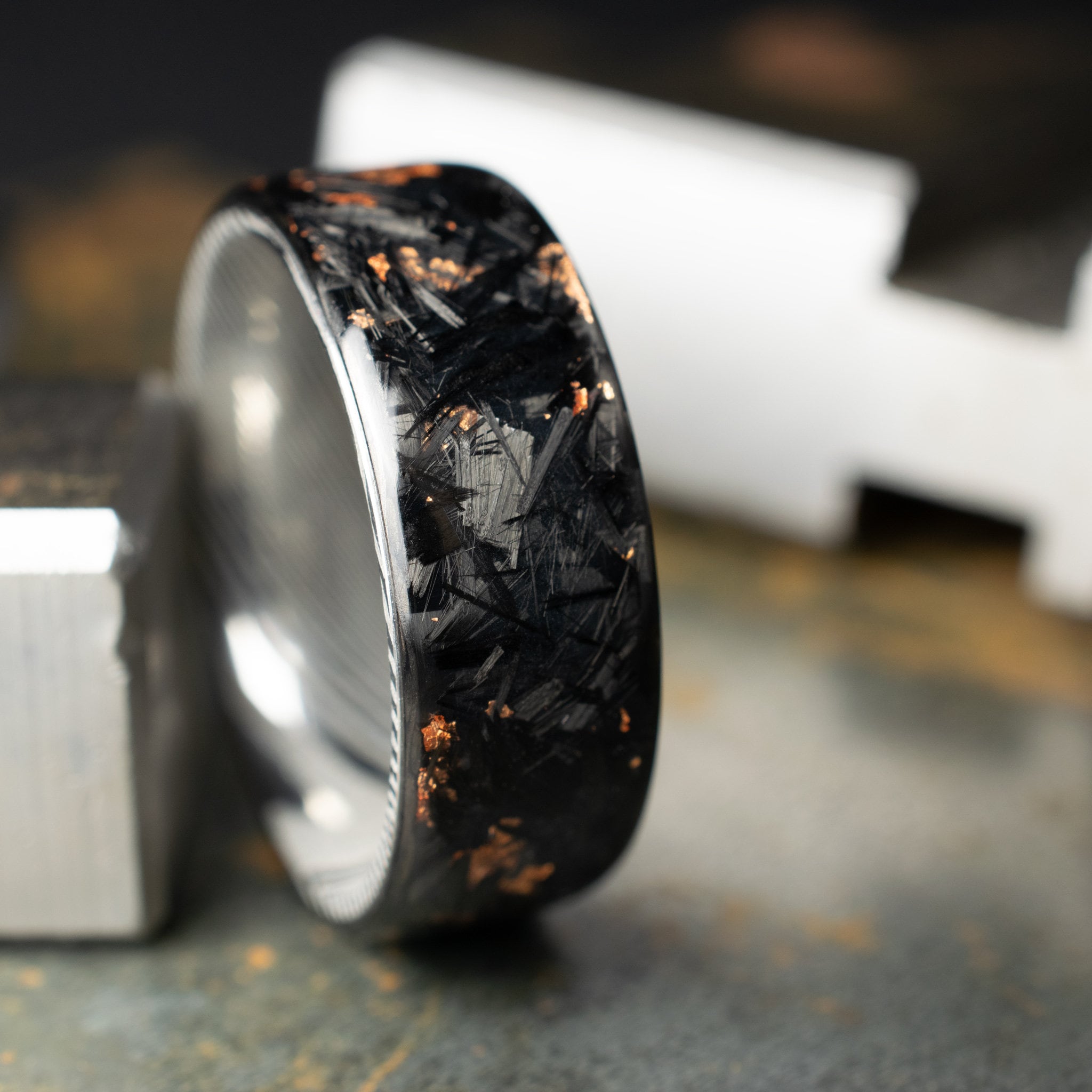 Polished Copper Chopped Carbon Fiber Lined With Damascus Steel. Forged Carbon Fiber. Men's Black Wedding Ring. Exclusive Men's Wedding Band.