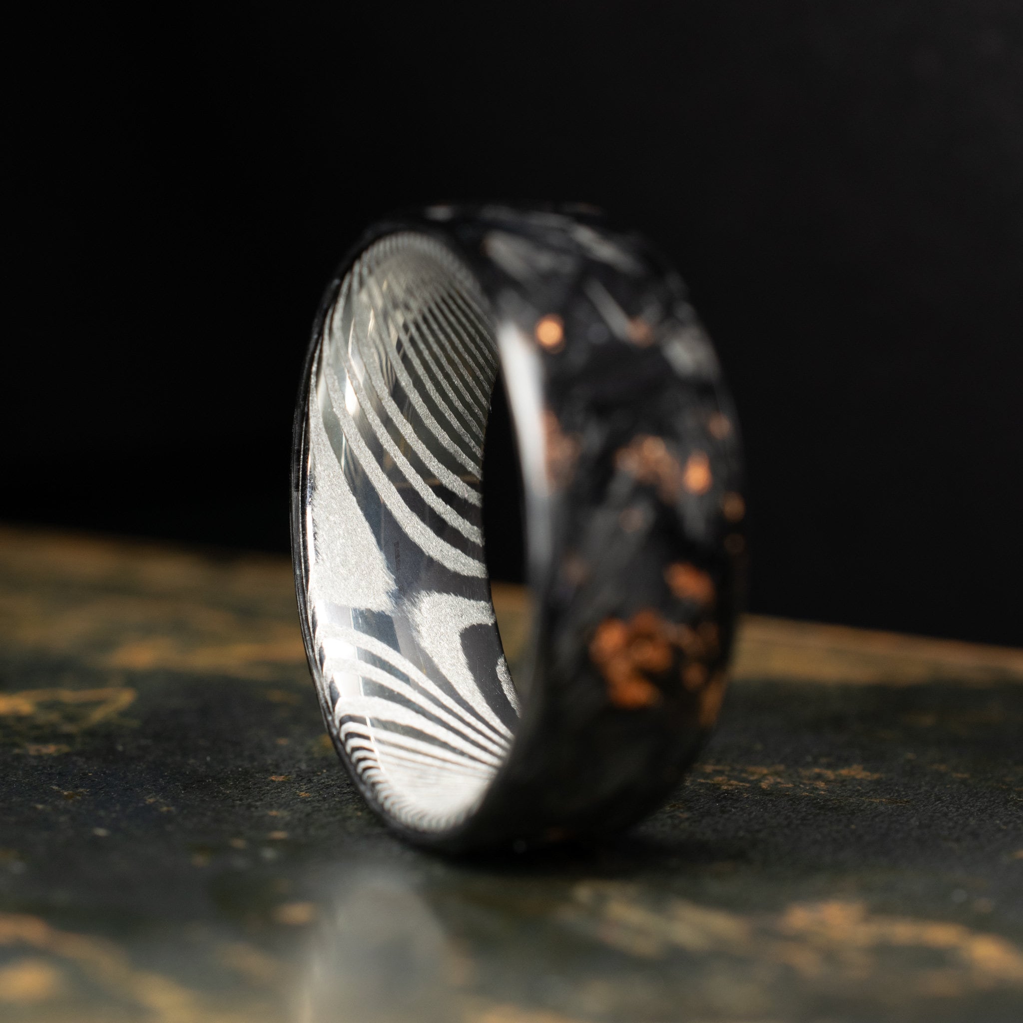 Polished Copper Chopped Carbon Fiber Lined With Damascus Steel. Forged Carbon Fiber. Men's Black Wedding Ring. Exclusive Men's Wedding Band.