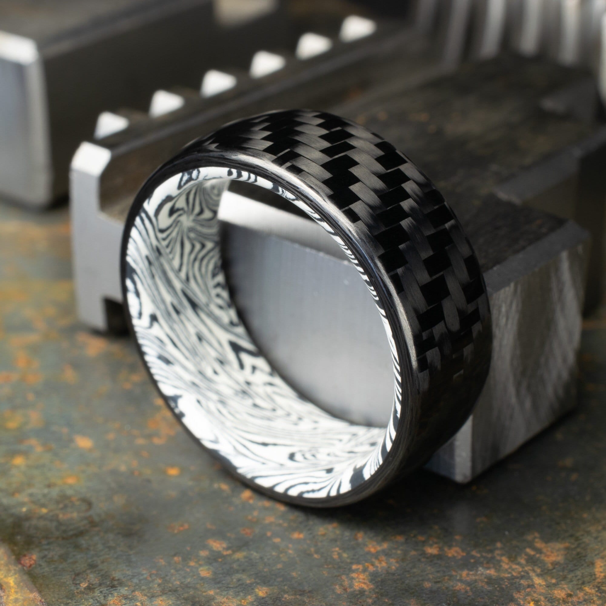 1k Twill Carbon Fiber Ring Lined With Tuxedo Mosaic Spectrum Damascus. Gloss Finish Carbon Fiber. Waterproof Gift For Men. Wedding Band.