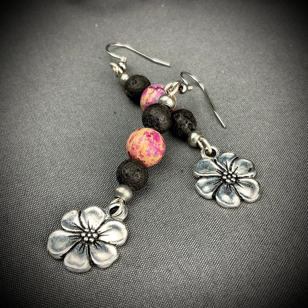 Tropical Hibiscus Flower Earrings with Sea Sediment Jasper and Lava Rock Beads | Earth-based Natural Materials and Jewelry