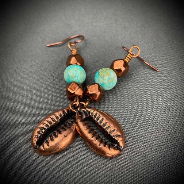 Tropical Cowrie Shell Earrings with Sea Sediment Jasper and Lava Rock Beads | Copper and Earth-based Natural Materials and Jewelry