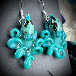 Glass Octopus Earrings | Octopus Jewelry Statement Earrings | Handblown Glass Kraken Earrings with UV Eyes