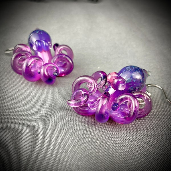 Octopus Earrings | Glass Octopus Jewelry Statement Earrings | Handblown Glass Kraken Earrings with UV Eyes