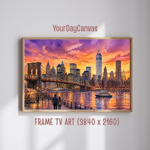 Puede incluir: Una obra de arte digital enmarcada titulada YourDayCanvas Frame TV Art (3840 x 2160) que representa el horizonte de Nueva York al atardecer. La escena muestra el puente de Brooklyn, un paseo marítimo con peatones y un barco en tonos morados y naranjas.