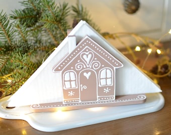 Portatovaglioli natalizi in pan di zenzero, casa in legno dipinta a mano: decorazioni per la tavola delle feste