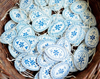 Hand-Painted Wooden Easter Egg Ornament, Blue Floral Spring Decor