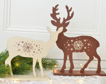 Wood Christmas figurine deer Forest pair with snowflakes Standing decoration Tabletop handpainted gift