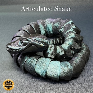 May include: A coiled, articulated snake toy in black and teal hues. The snake's segmented body allows for flexible movement. The text "Articulated Snake" is above the snake. A gold "Premium Quality" seal is in the lower left corner.