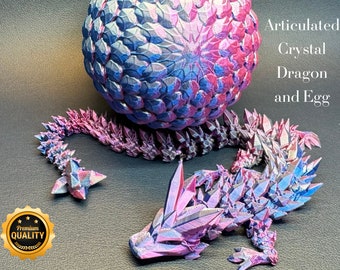 Articulated Crystal Dragon and Egg, 3D Printed Flexible Fidget Toy, Pink/Blue Colour