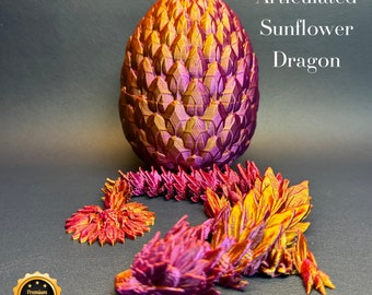 Articulated Sunflower Dragon and Egg, 3D Printed Flexible Fidget Toy, Anxiety Stress relief Toy, Red/Gold/Purple tricolour