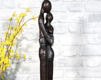 Hand-Carved Ebony Wood Kissing Sculpture, Abstract Kissing couple Statue, Lovers Statue, Minimalist Figurine Home Décor, Kissing Lovers 58cm