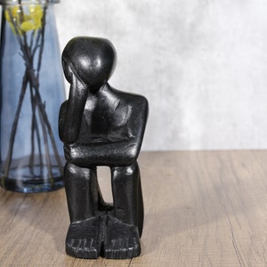 Abstract Thinking Man, Hand Carved From Wood, Cute black Vintage sculpture, Lovely Contemporary sculpture, shelf Deco ,17.5 cm/ 6.8&quot;