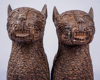 BENIN BRONZE LEOPARDS ( Pair) African Benin Art, vintage Bini Bronze Leopard, Antique Bronze Sculpture, Royal Leopards, An Exquisite Pieces.