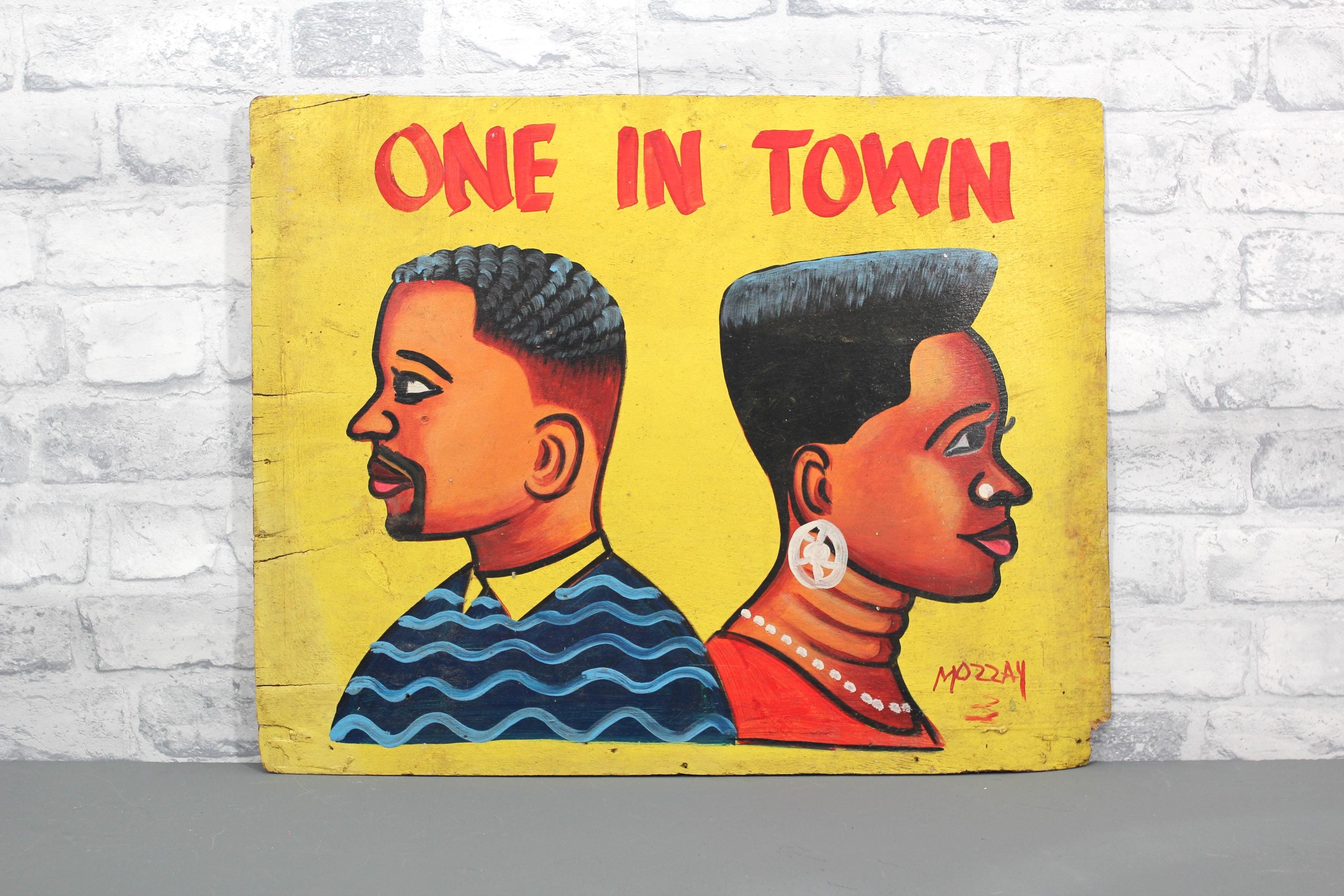 African Barber Painted Sign, Vintage, Coiffeur West African, Folk Art, African Art, Ghana Salon Sign, Urban 58 cm / 23" X 45cm / 17"