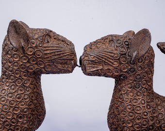 Exquisite Pair of Vintage Benin Bronze Leopard Sculptures - Royal West African Art