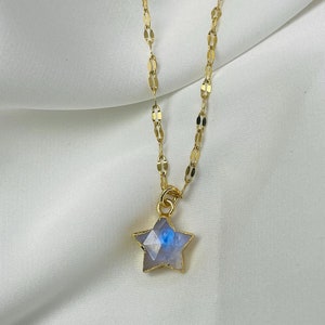 Moonstone Gold-Plated TINY Star Celestial Dainty Necklace, Gold Star Sparkly Necklace, Flashy Rainbow Moonstone Charm Necklace Jewelry Set