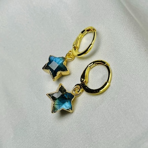 Labradorite Gold-Plated Celestial Star Snug TINY Huggies, Flashy Labradorite Star Gold Hoop Earrings, Sparkly Labradorite Star Lunar Jewelry