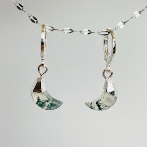 Moss Agate Silver-Plated Moon Crystal Snug Huggies, TINY Moss Agate Crescent Lunar Earrings Women, Moss Agate Celestial Silver Jewelry Gift