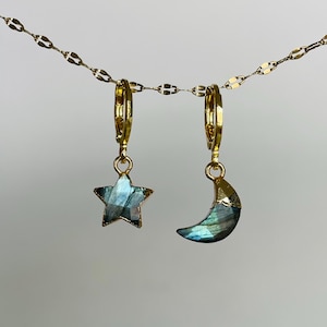 Labradorite Gold-Plated Moon Star Celestial Crystal TINY Snug Huggie, Flashy Labradorite Mismatch Sparkly Crescent Hoops Star Lunar Earring