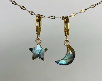 Labradorite Celestial Gold-Plated Earrings: Dainty Flashy Stone Mismatched Moon & Star Hoops
