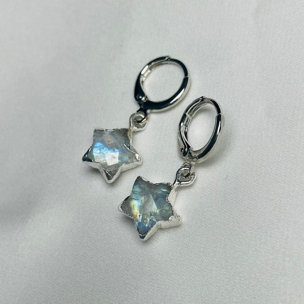 Moonstone Tiny Star Huggie Earrings, Silver-Plated Sparkly Celestial Hoops