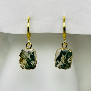 Moss Agate Gold-Plated Slab Crystal Snug Huggies, Rectangle Moss Agate Tiny Hoops, Dainty Green Moss Agate Gold Earrings Jewelry Set Women