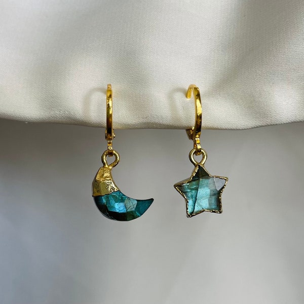 Labradorite 24k Gold-Plated Moon Star Celestial Crystal Snug Huggies, Labradorite Mismatched Celestial Gold Hoops, Star Moon Earring Set