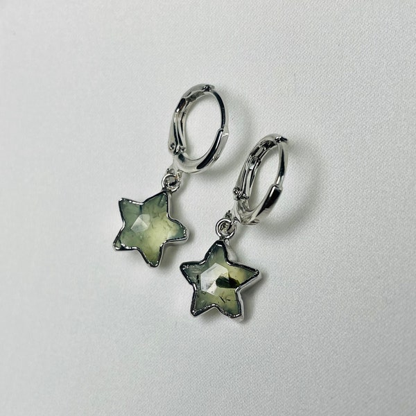 Prehnite Silver Rhodium-Plated Star Huggies, Silver Faceted Prehnite Charm Hoops, Celestial Green Prehnite Earrings, Prehnite StarJewelry