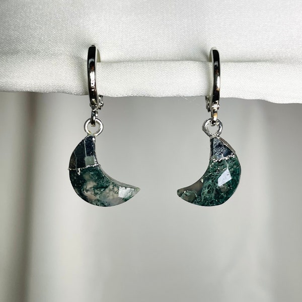 Moss Agate Silver Rhodium-Plated Moon Crystal Snug Huggie Earrings, Moss Agate Tiny Hoops, Moss Agate Silver Jewelry Set Earring Gifts
