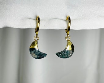 Moss Agate Moon Huggie Earrings, Gold Plated Celestial Hoop Earrings, Dainty Star Moon Earrings, Green Gemstone Dangle Huggies, Gift for Her
