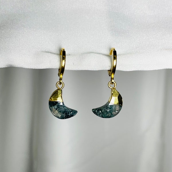 Moss Agate 24k Gold-Plated Moon Crystal Snug Huggie Earrings, Moss Agate Celestial Moon Tiny Hoops, Dainty Moss Agate Moon Gold Earring Gift